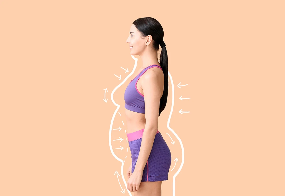 woman's side view, she is smiling, standing in front of a peach background and the image is edited with a sillhouete of a bigger body, demonstrating weight loss